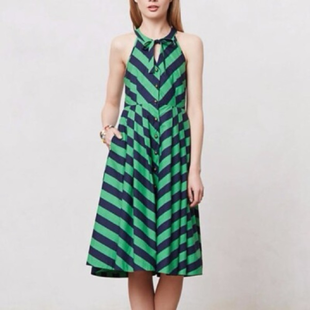 Anthropologie Green and Navy Striped Sleeveless Dress